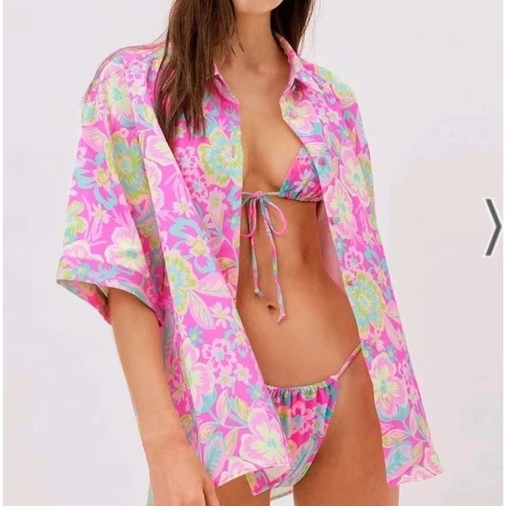 For Love And Lemons Lizzy Bright Floral button down pink/yellow/green small